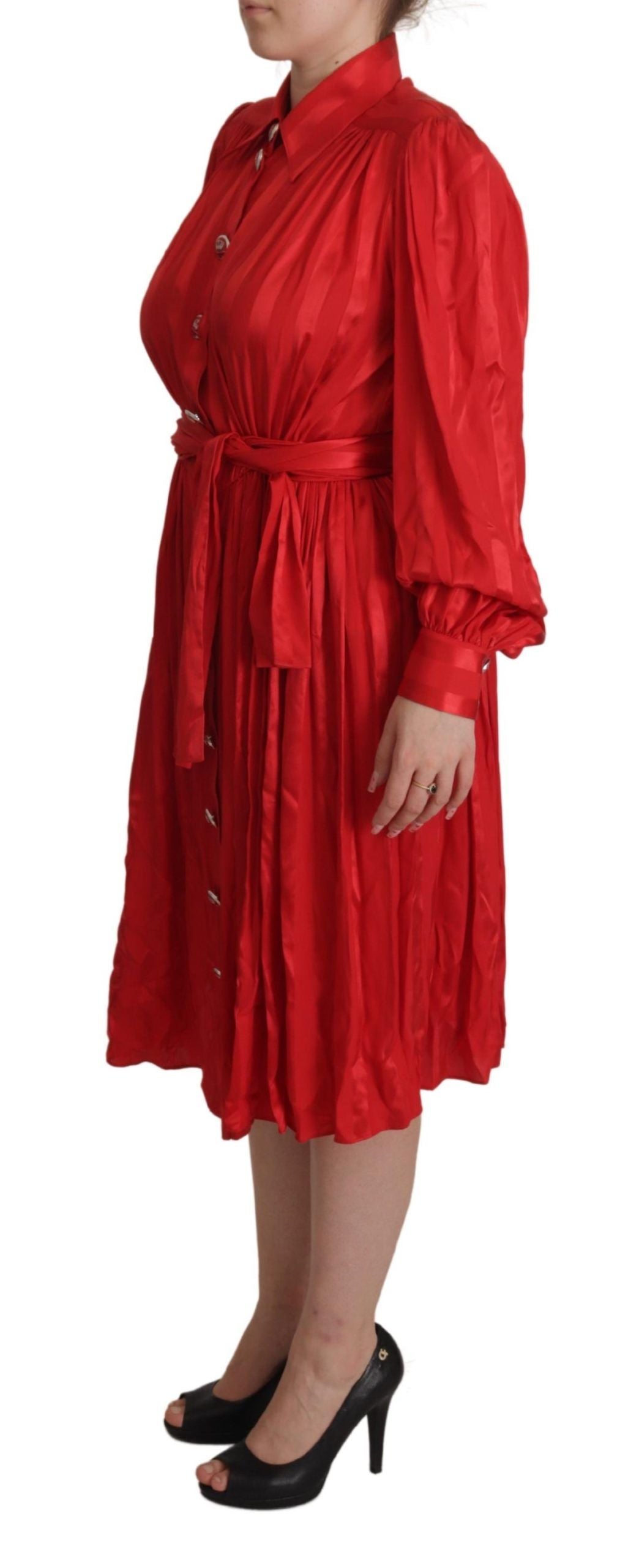 Dolce & Gabbana Red Button Down Belted Midi Satin Silk Dress