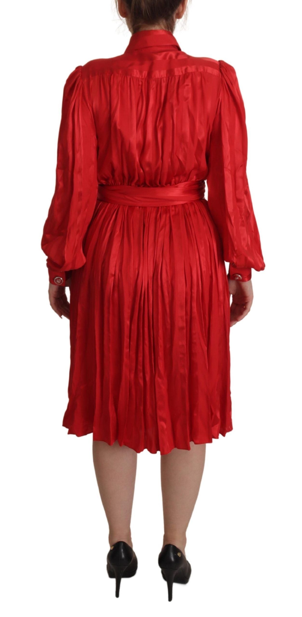 Dolce & Gabbana Red Button Down Belted Midi Satin Silk Dress