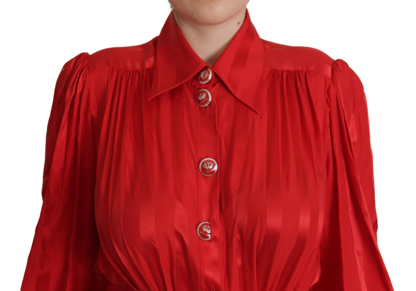 Dolce & Gabbana Red Button Down Belted Midi Satin Silk Dress