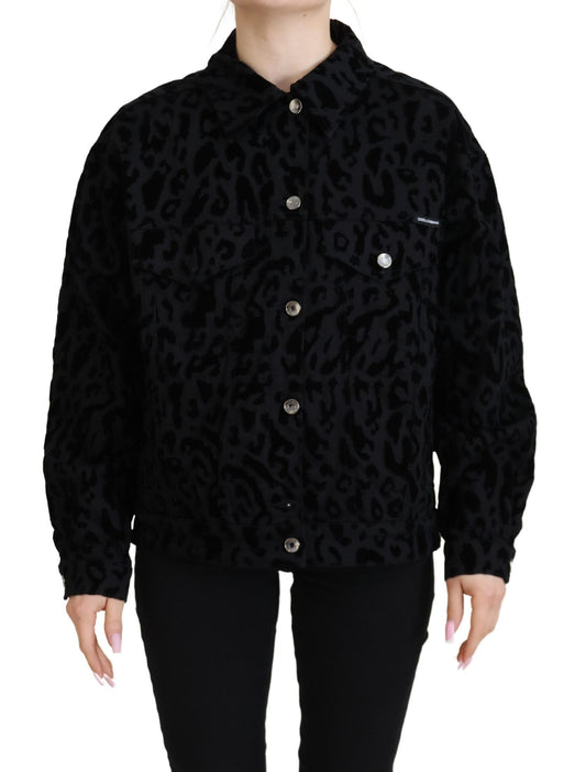 Dolce & Gabbana Black Leopard Long Sleeve Denim Cotton Jacket