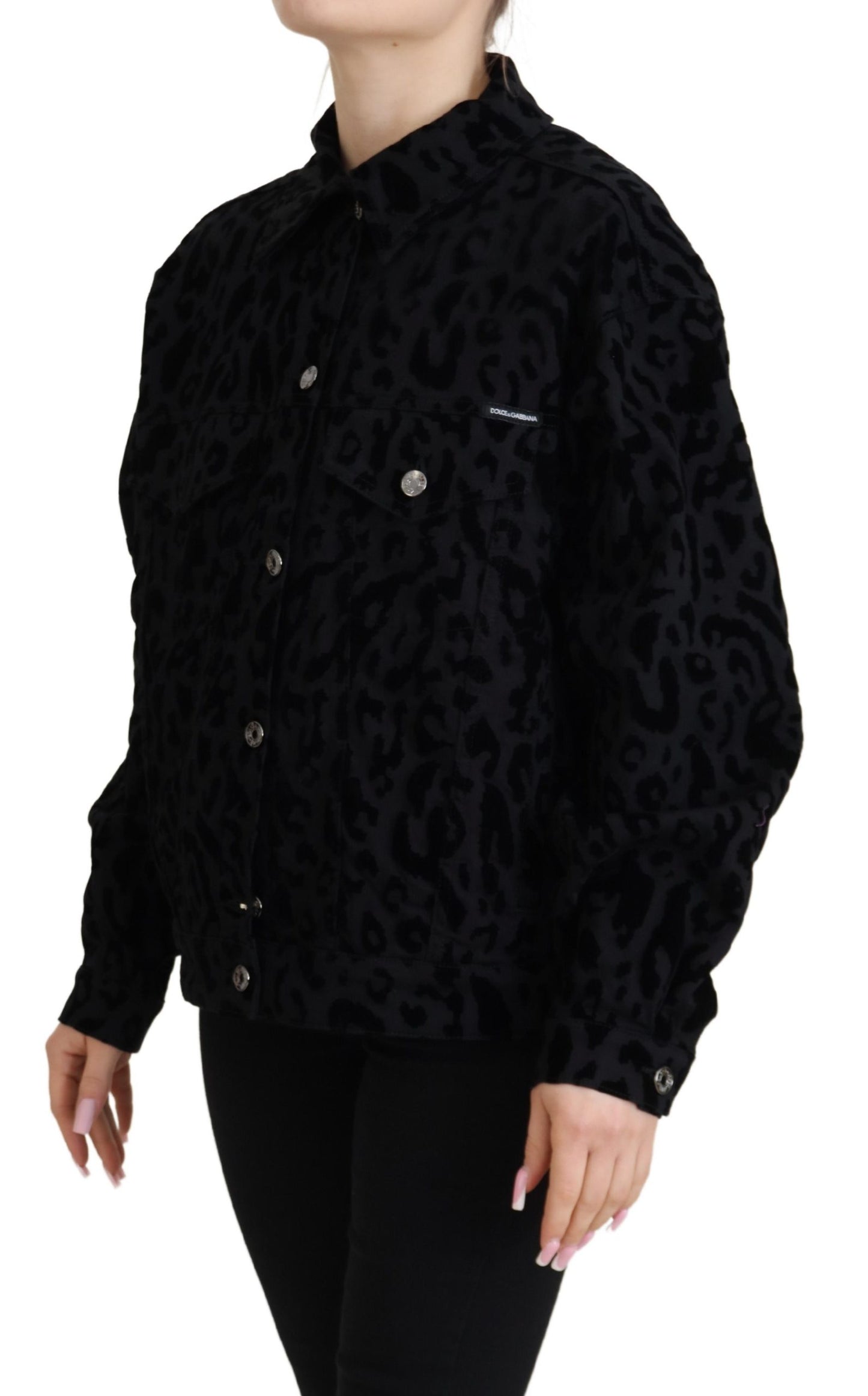 Dolce & Gabbana Black Leopard Long Sleeve Denim Cotton Jacket