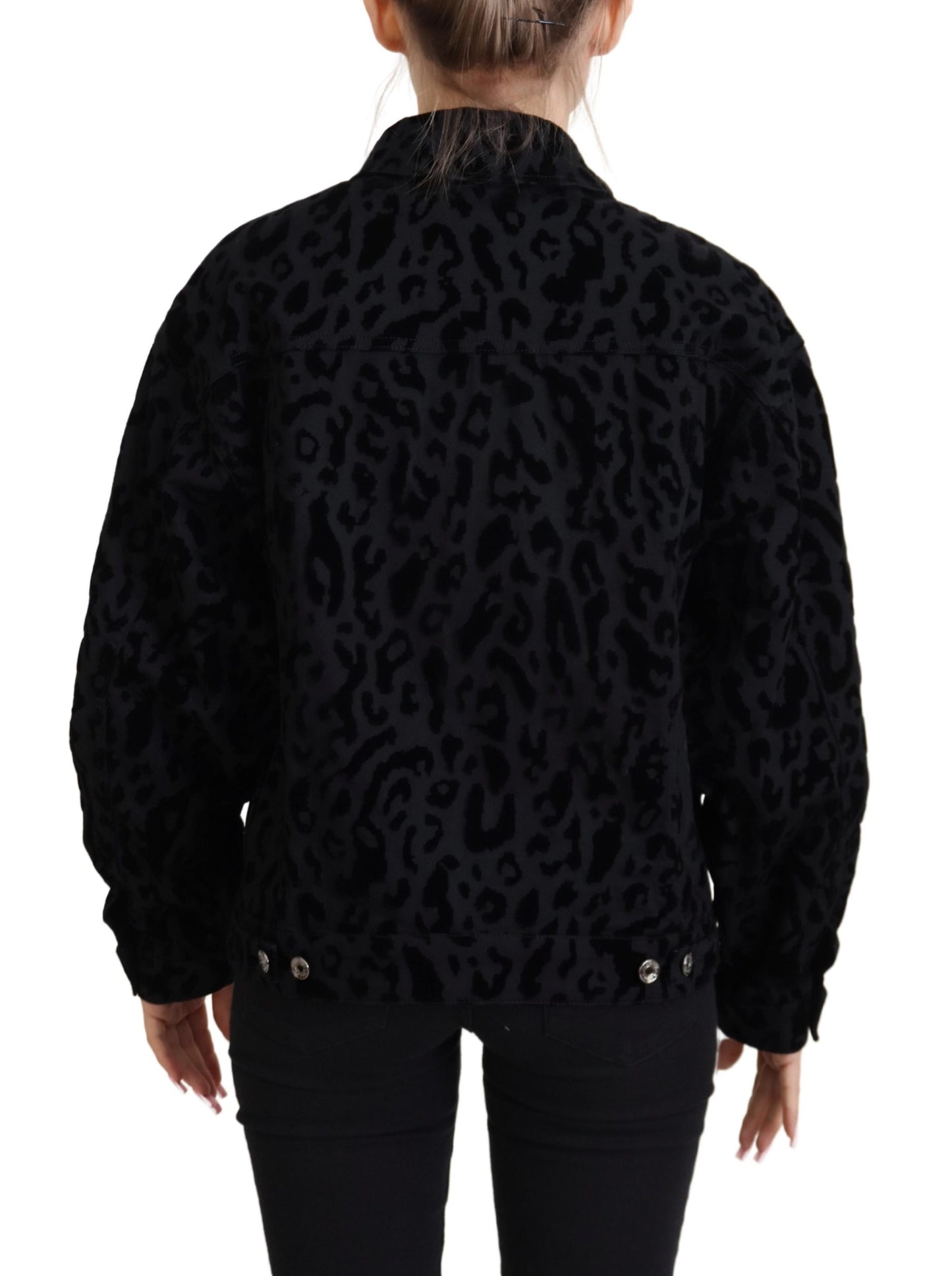 Dolce & Gabbana Black Leopard Long Sleeve Denim Cotton Jacket