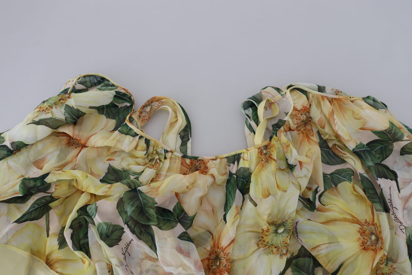 Dolce & Gabbana Yellow Floral Print Pleated Maxi Silk Dress