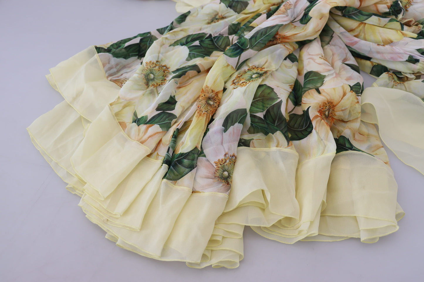 Dolce & Gabbana Yellow Floral Print Pleated Maxi Silk Dress