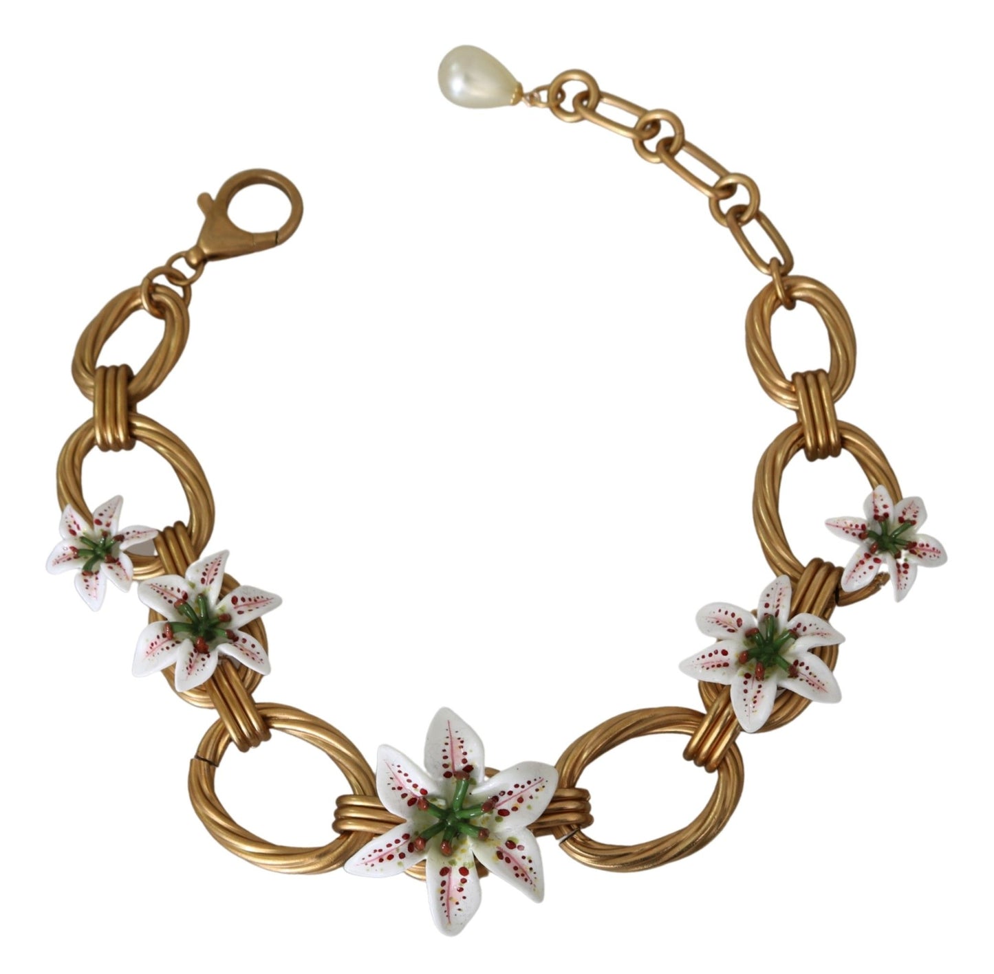 Dolce & Gabbana White Floral LILIUM Pendant Gold Chain Brass Pearl Necklace