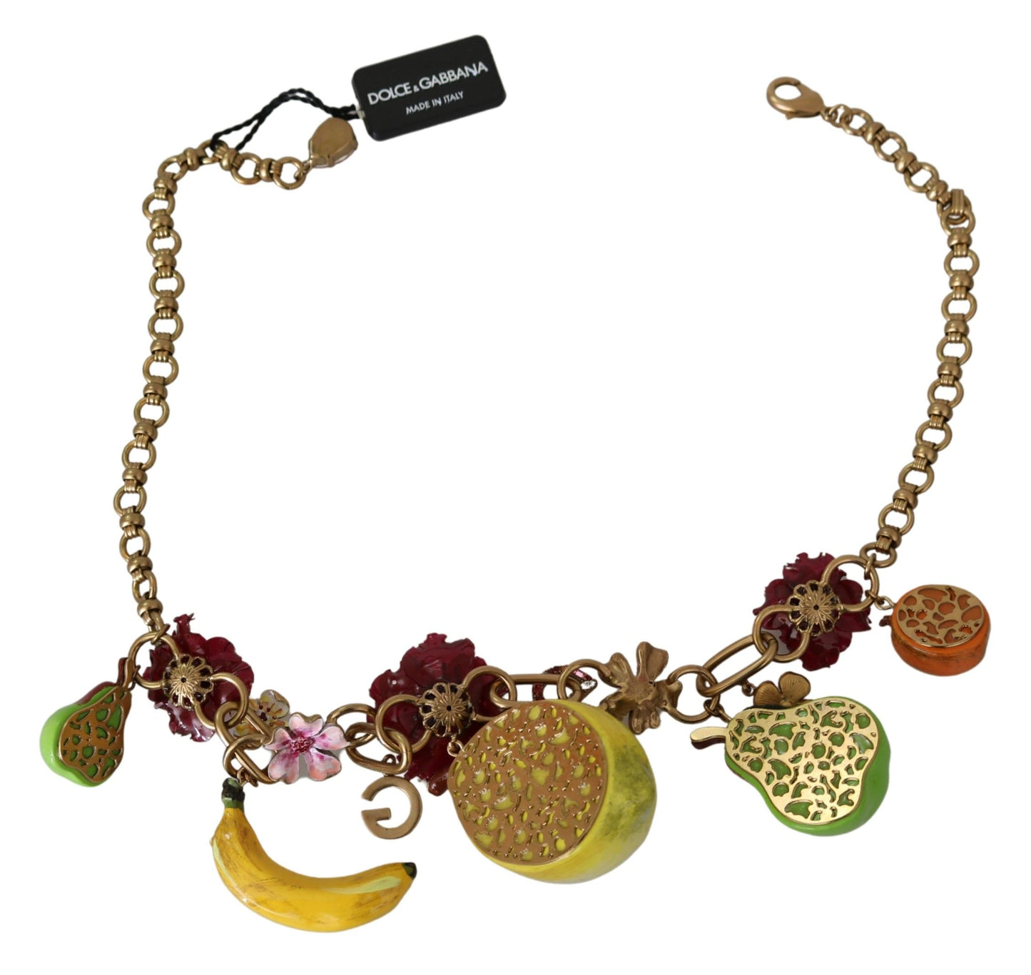 Dolce & Gabbana FRUIT Pendants Flowers Crystal DG Logo Gold Brass Necklace