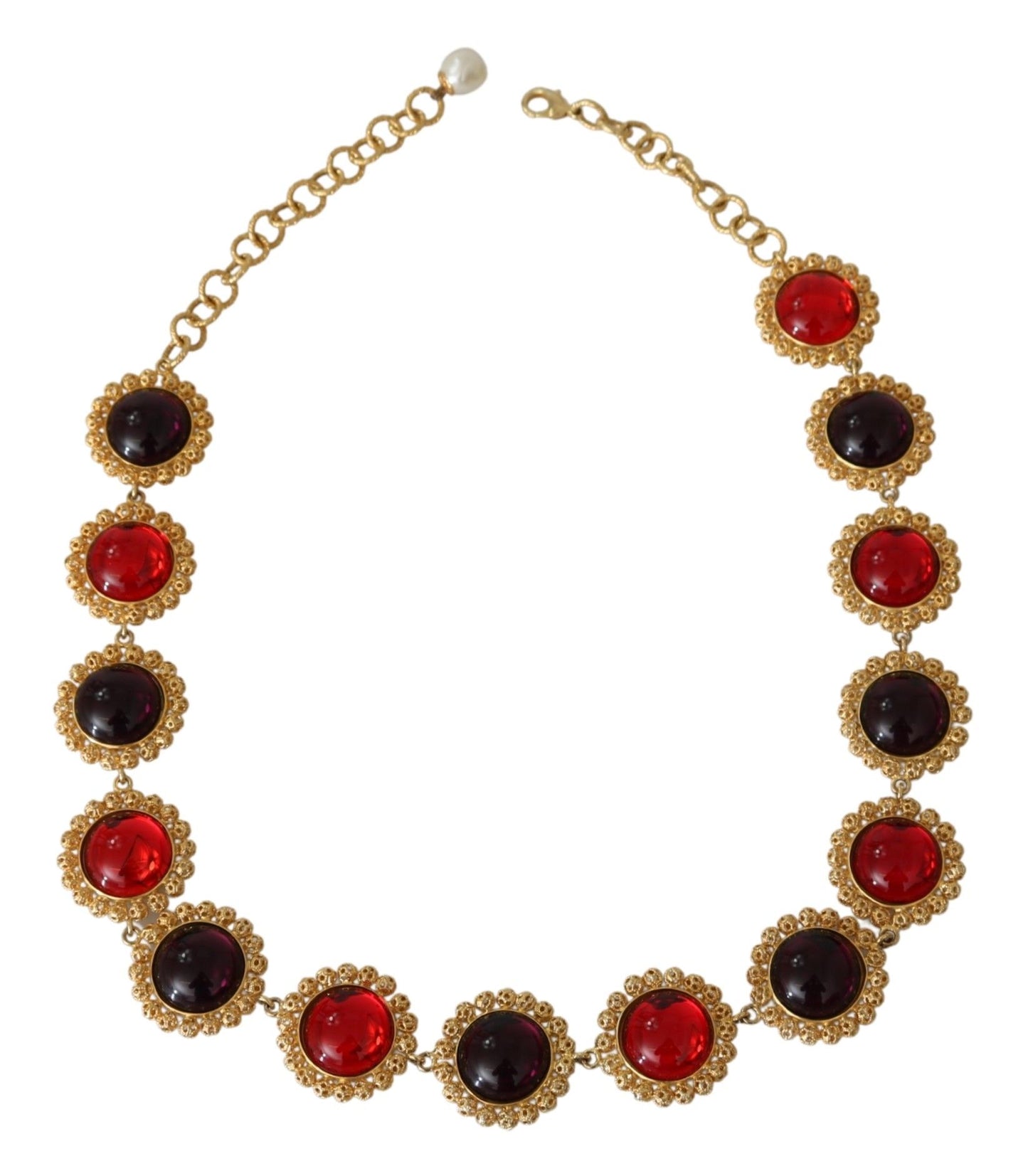 Dolce & Gabbana Red Purple Crystal Floral Chain Statement Gold Brass Necklace