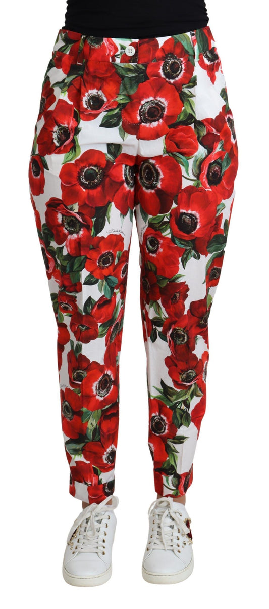 Dolce & Gabbana White Anemone Print Tapered Cotton Trouser Pant