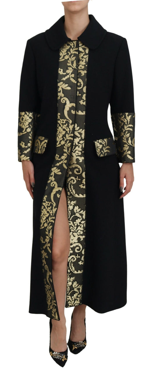 Dolce & Gabbana Black Gold Jacquard Long Trench Coat Jacket