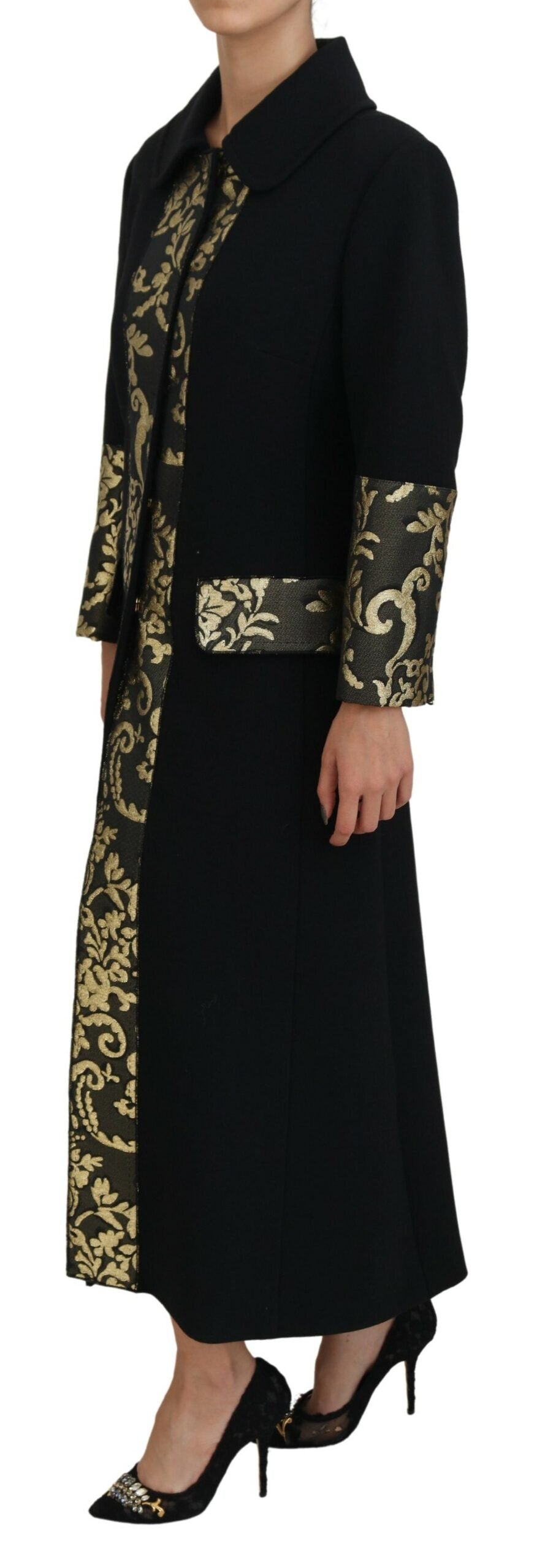 Dolce & Gabbana Black Gold Jacquard Long Trench Coat Jacket