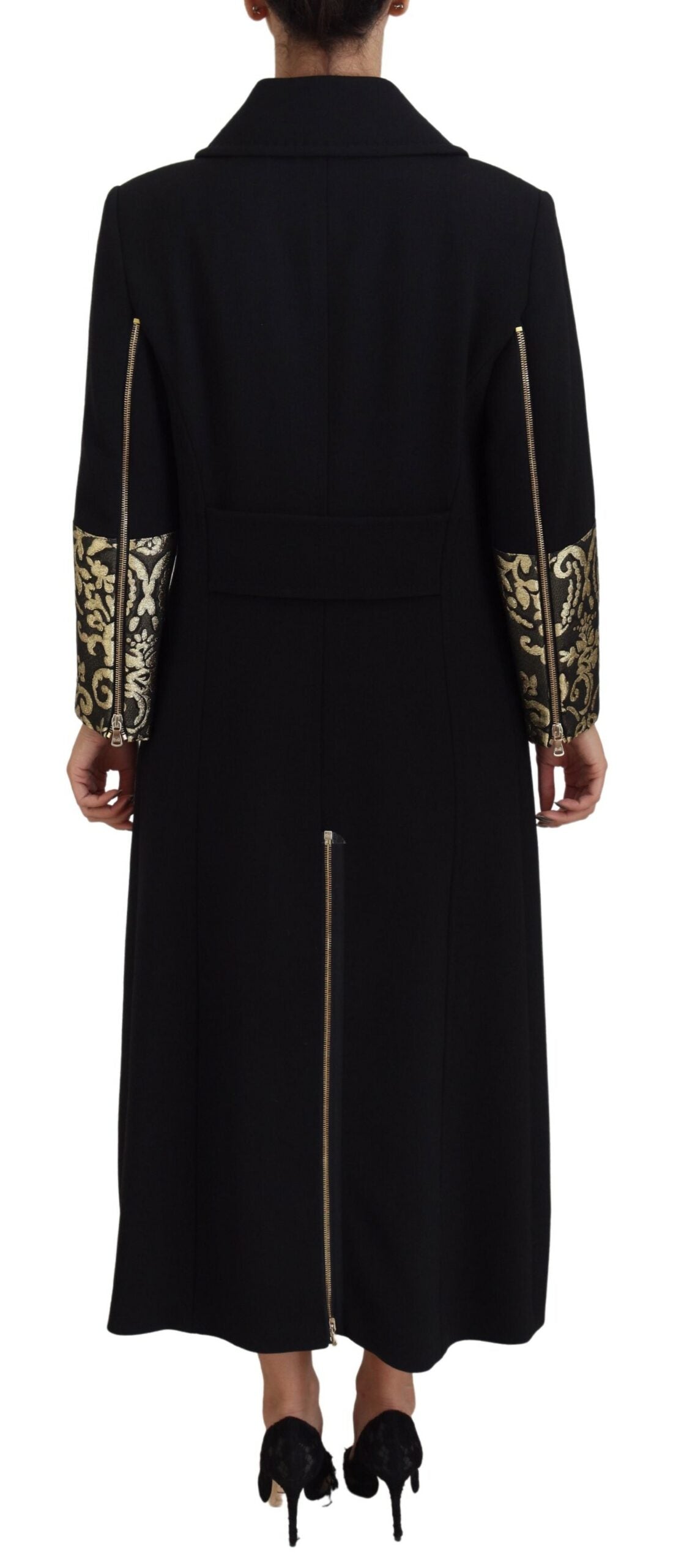 Dolce & Gabbana Black Gold Jacquard Long Trench Coat Jacket