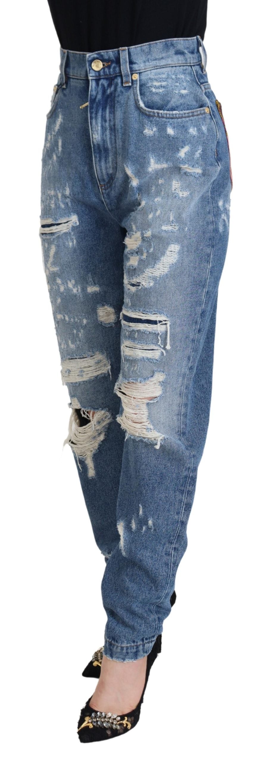 Dolce & Gabbana Blue Washed Cotton Tattered Denim Jeans