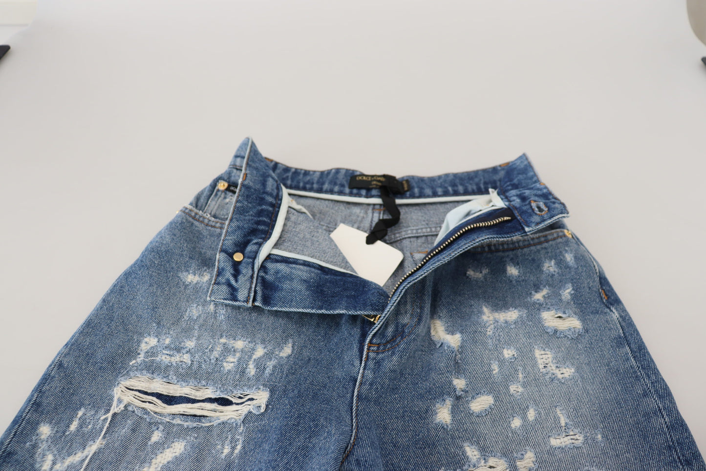 Dolce & Gabbana Blue Washed Cotton Tattered Denim Jeans