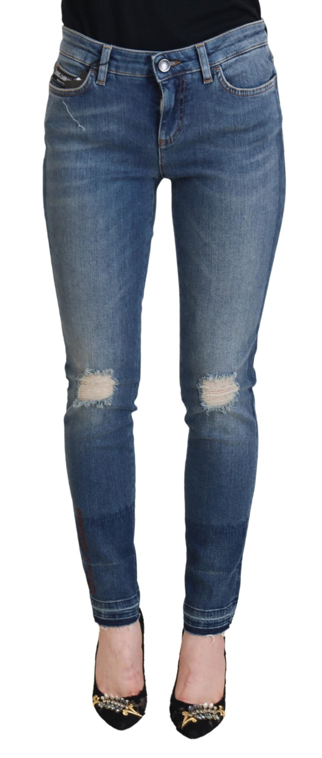 Dolce & Gabbana Blue Washed Cotton Tattered Denim Jeans