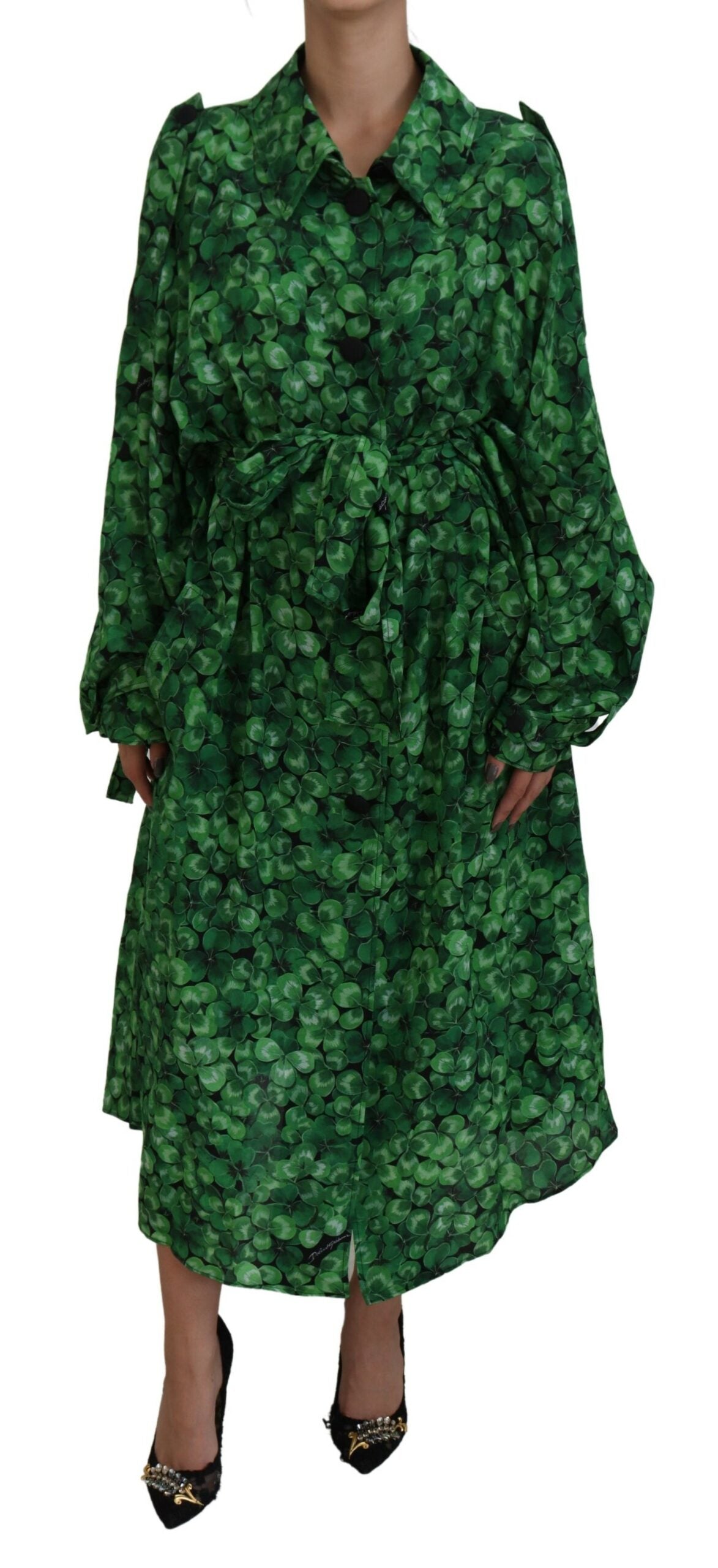 Dolce & Gabbana Green Leaves Print Silk Trench Coat Jacket