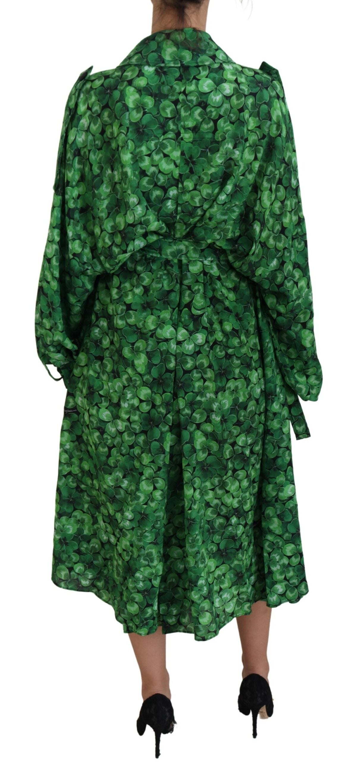 Dolce & Gabbana Green Leaves Print Silk Trench Coat Jacket