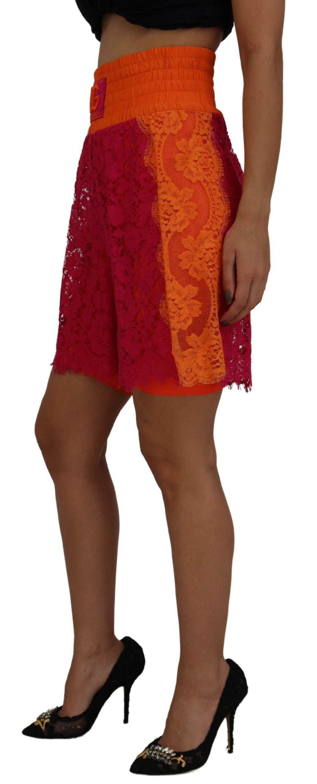 Dolce & Gabbana Pink Orange Lace Cotton High Waist Shorts