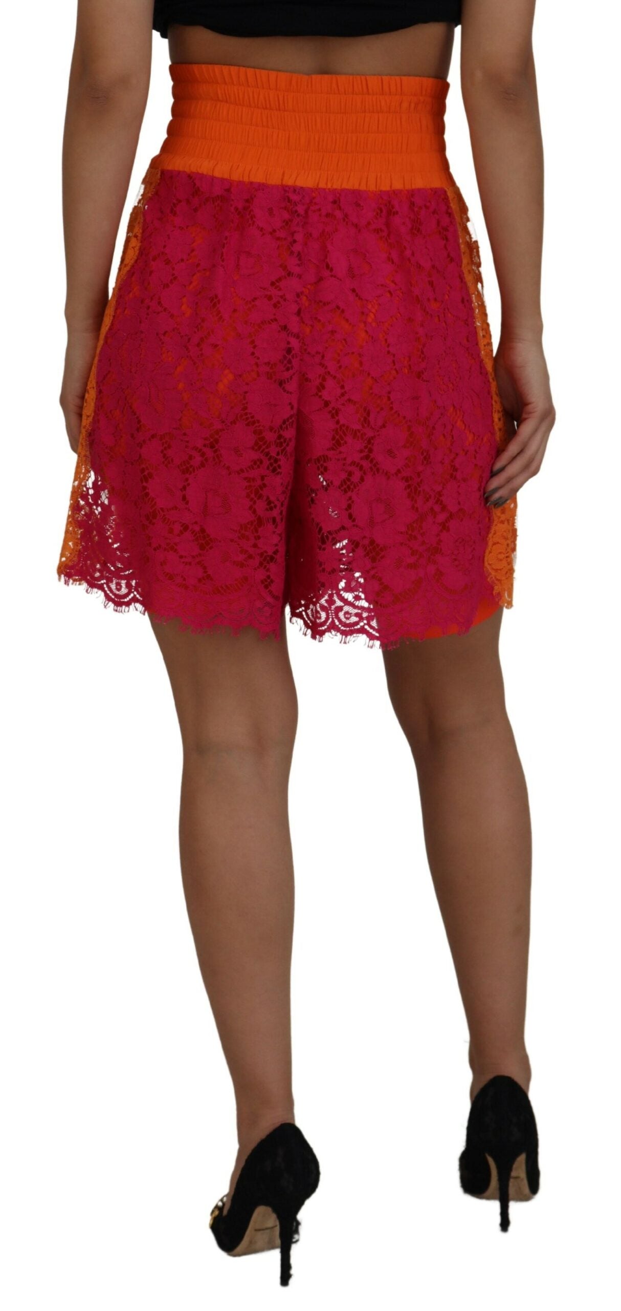 Dolce & Gabbana Pink Orange Lace Cotton High Waist Shorts