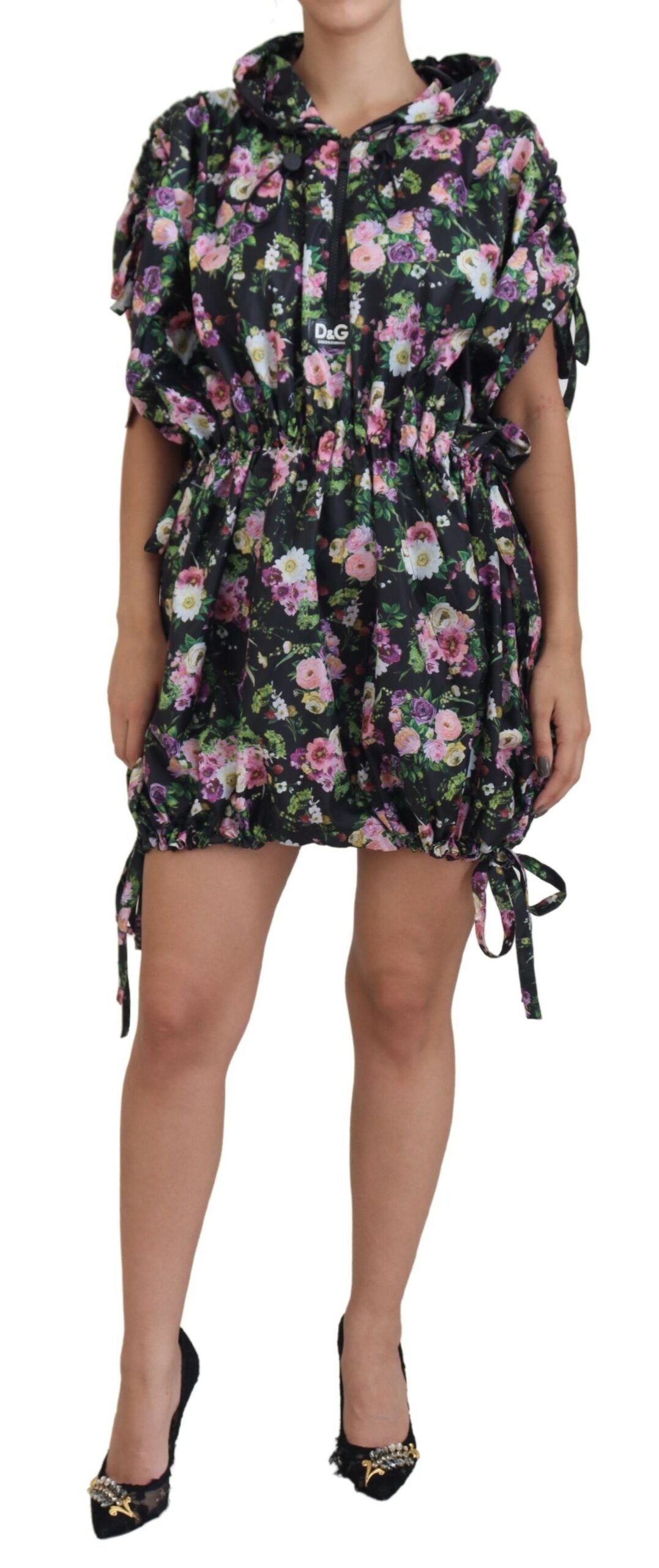 Dolce & Gabbana Black Floral Print Short Sleeves Mini Dress