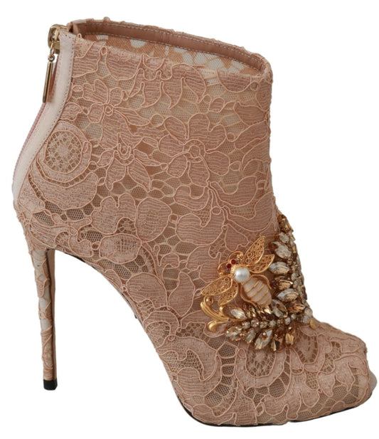 Dolce & Gabbana Pink Crystal Lace Booties Stilettos Shoes