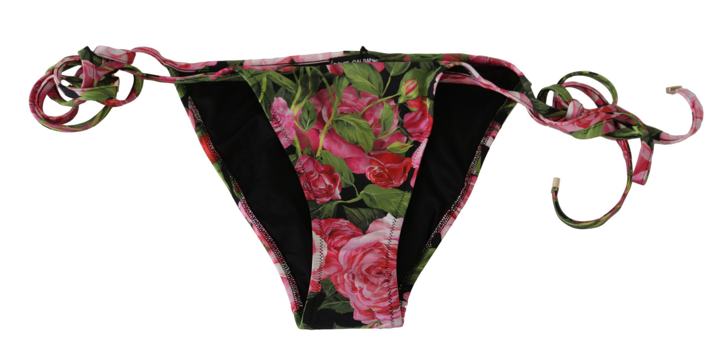 Dolce & Gabbana Black Pink Rose Print Bottom Bikini Beachwear