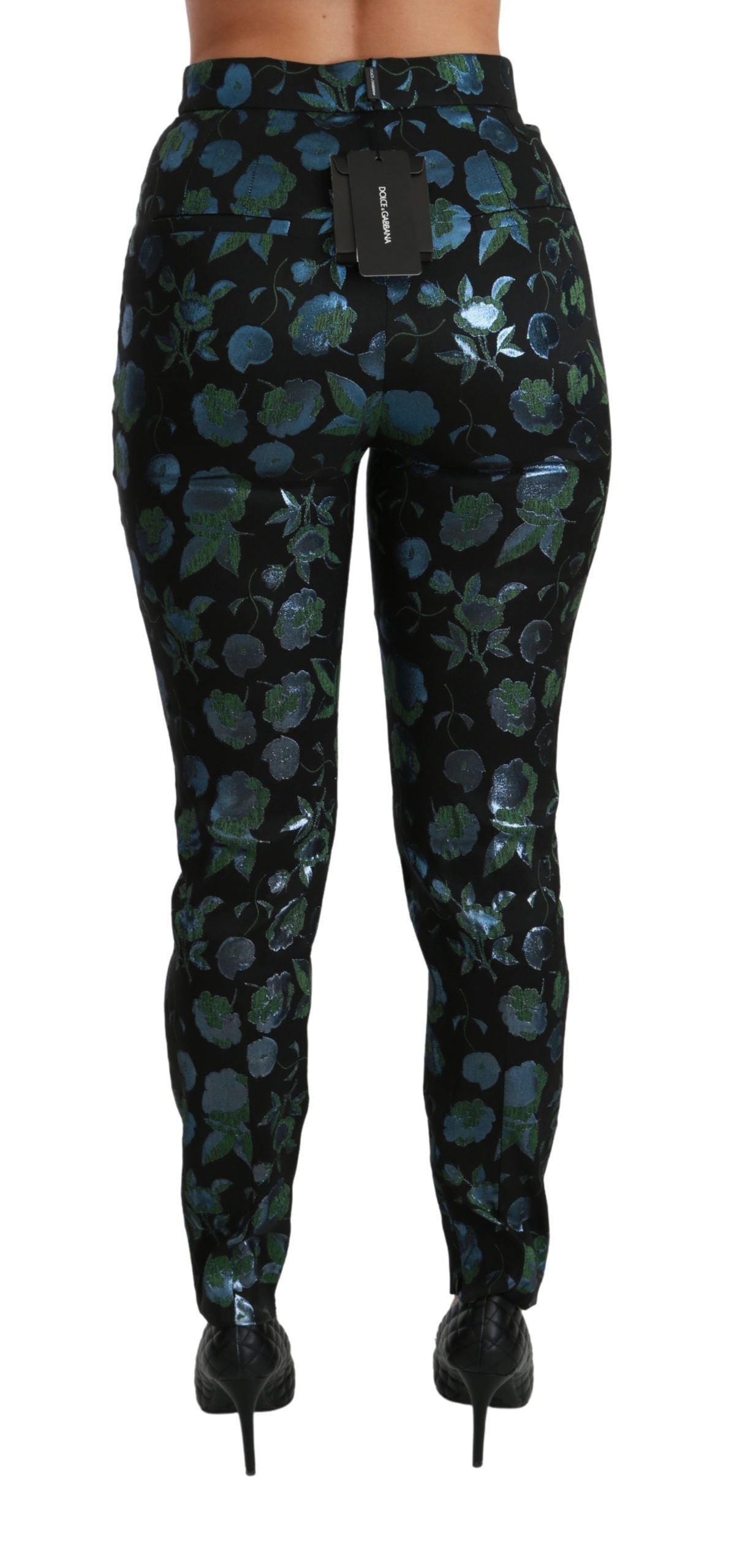 Dolce & Gabbana Blue Green Floral Metallic Slim Pants