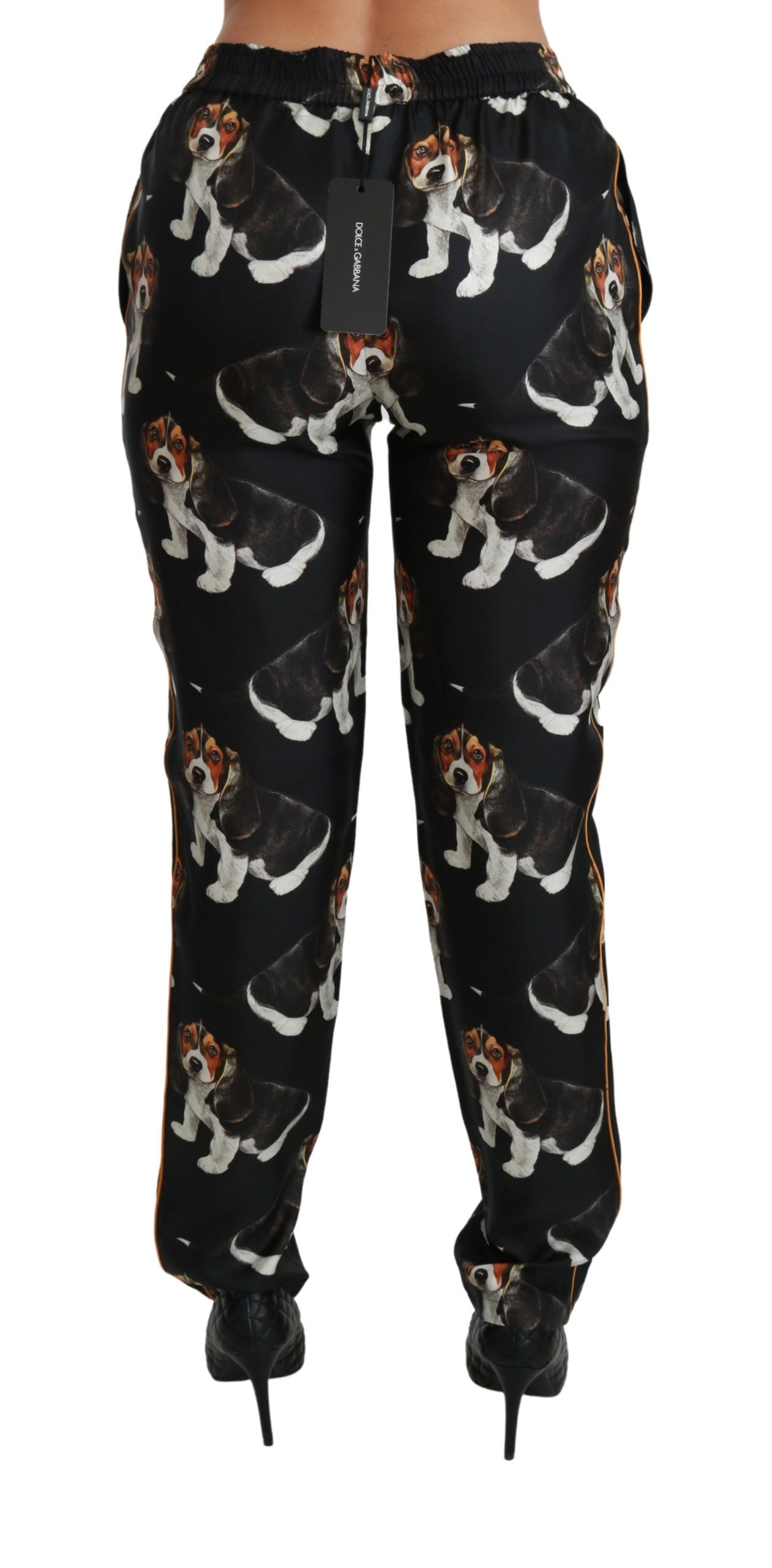 Dolce & Gabbana Black Puppy Dog Mid Waist Skinny Silk Pants