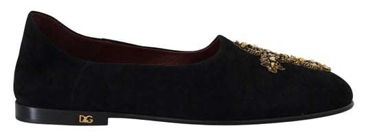 Dolce & Gabbana Black Suede Gold Cross Slip On Loafers Shoes