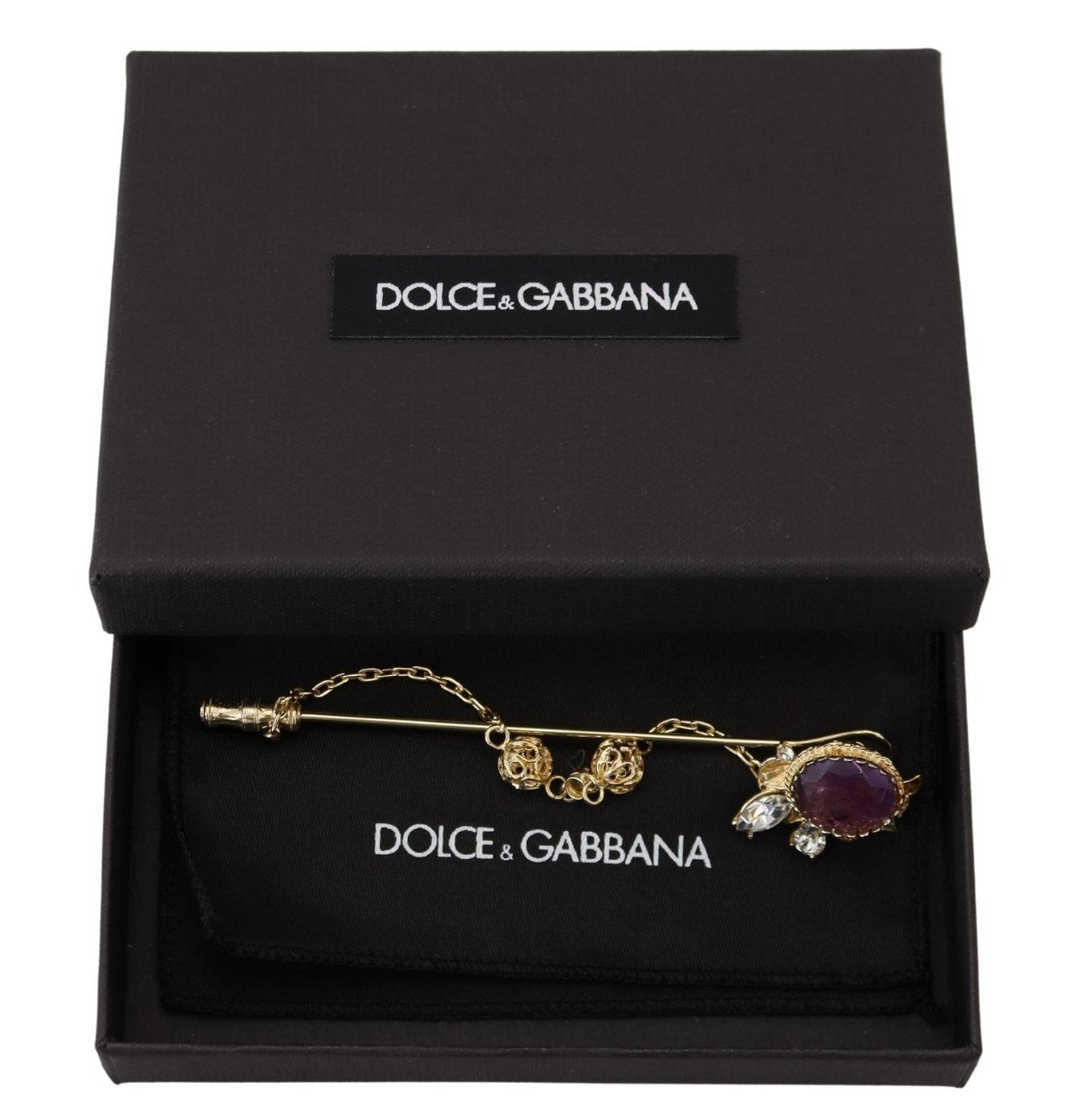 Dolce & Gabbana Gold Tone 925 Sterling Silver Crystal Chain Pin Brooch