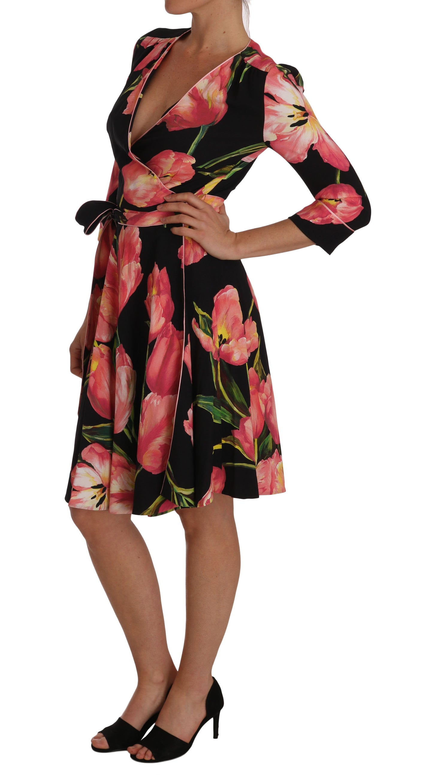 Dolce & Gabbana Black Pink Tulip Print Stretch Shift Dress