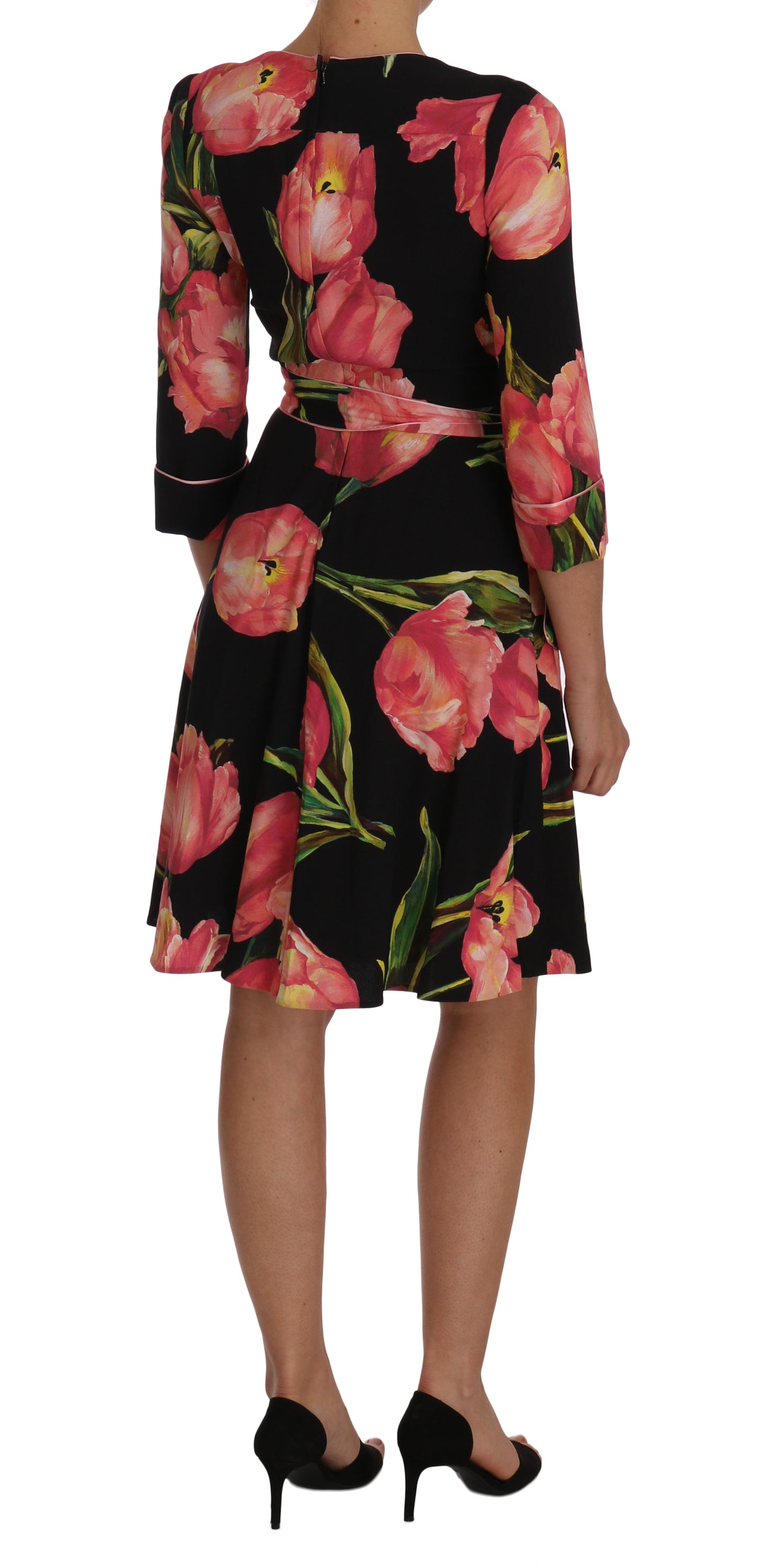 Dolce & Gabbana Black Pink Tulip Print Stretch Shift Dress