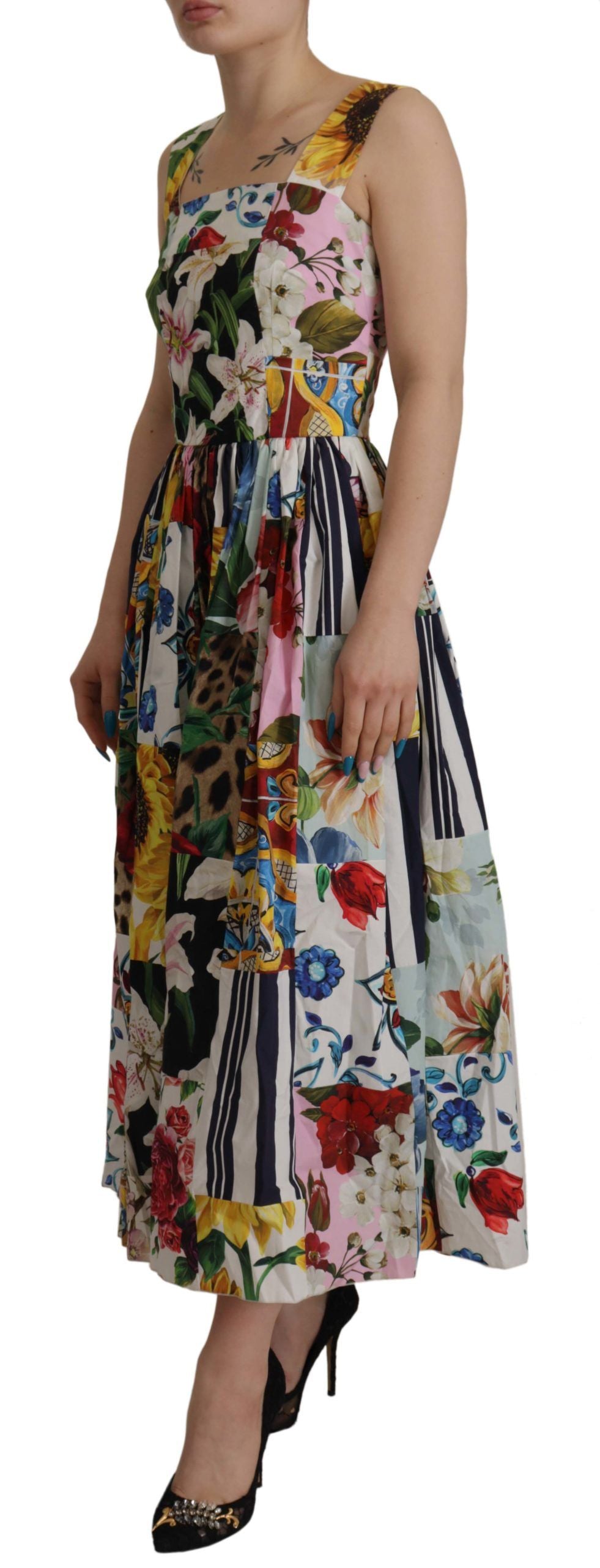 Dolce & Gabbana Multicolor Floral A-line Midi Cotton Dress