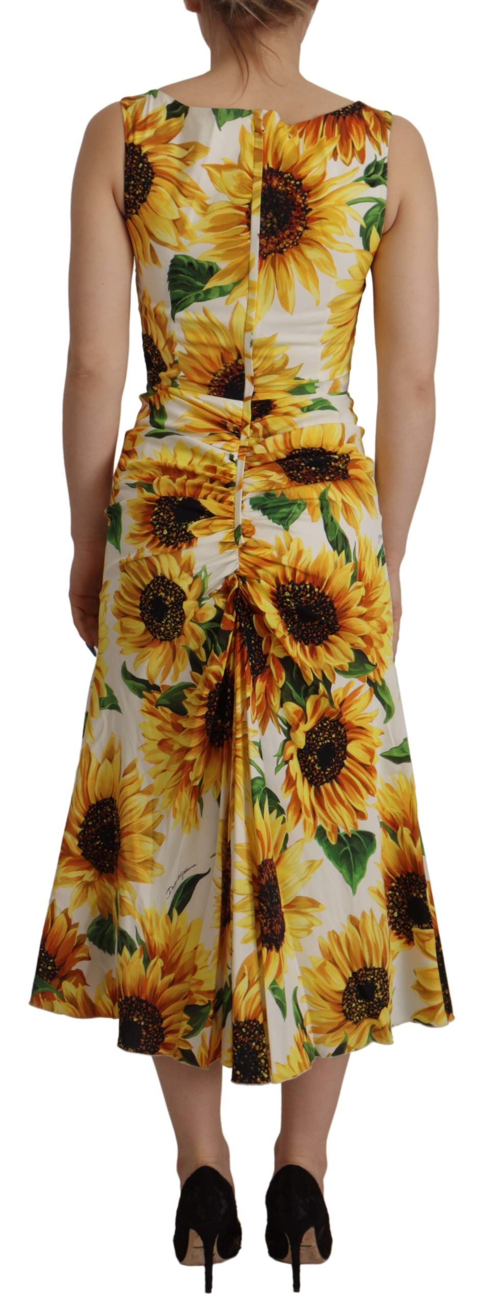 Dolce & Gabbana White Sunflower Print Sheath Midi Silk