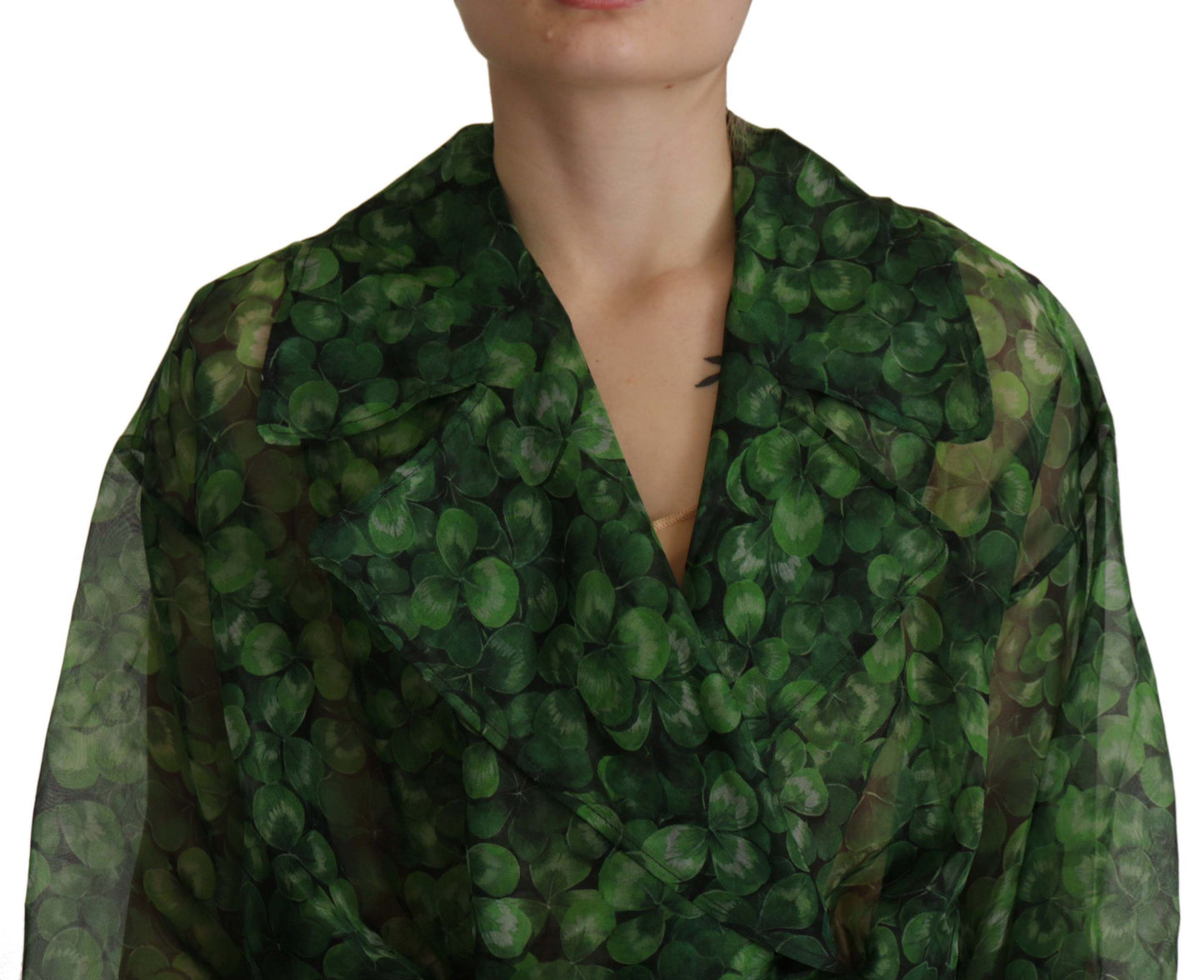 Dolce & Gabbana Green, black Coat Jacket Four Leaf Clover Print Organza Trench Dress