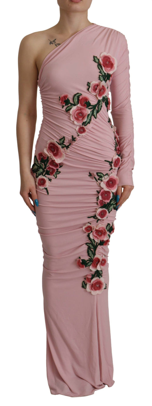 Dolce & Gabbana Pink Flower Embellished One Shoulder Dress