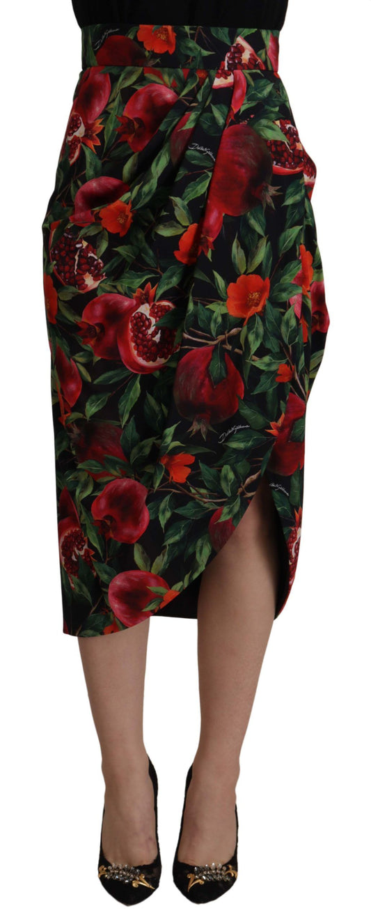 Dolce & Gabbana Black Red Fruit Stretch Wrap Skirt