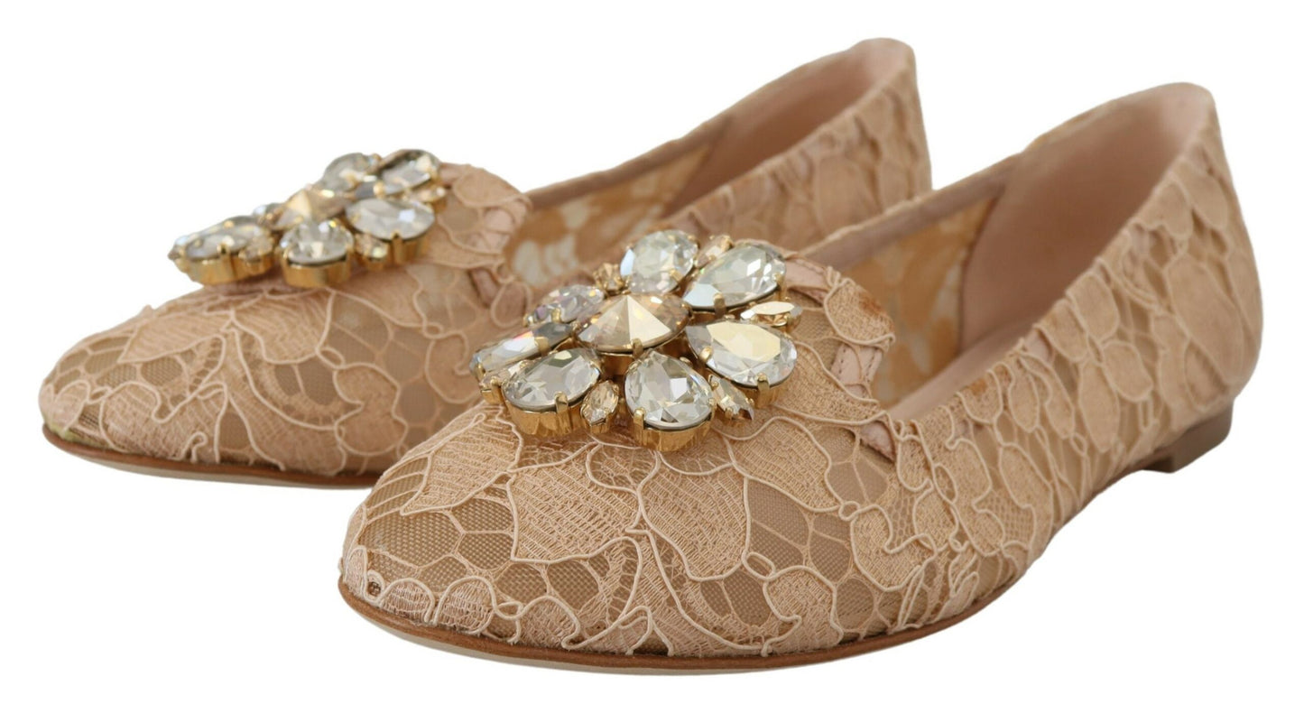 Dolce & Gabbana Beige Taormina Lace Crystals Ballet Flats Shoes