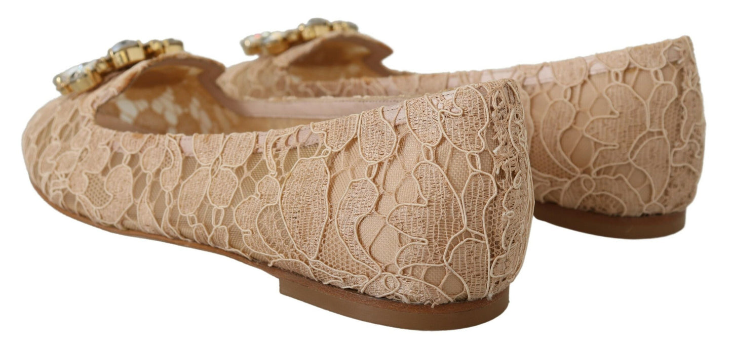 Dolce & Gabbana Beige Taormina Lace Crystals Ballet Flats Shoes