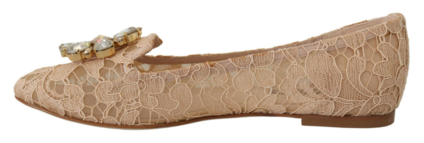 Dolce & Gabbana Beige Taormina Lace Crystals Ballet Flats Shoes