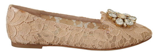 Dolce & Gabbana Beige Taormina Lace Crystals Ballet Flats Shoes