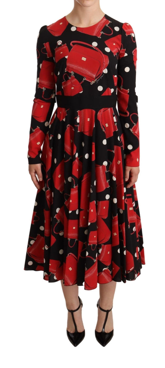 Dolce & Gabbana Black Sicily Bag Print Flared Midi Dress