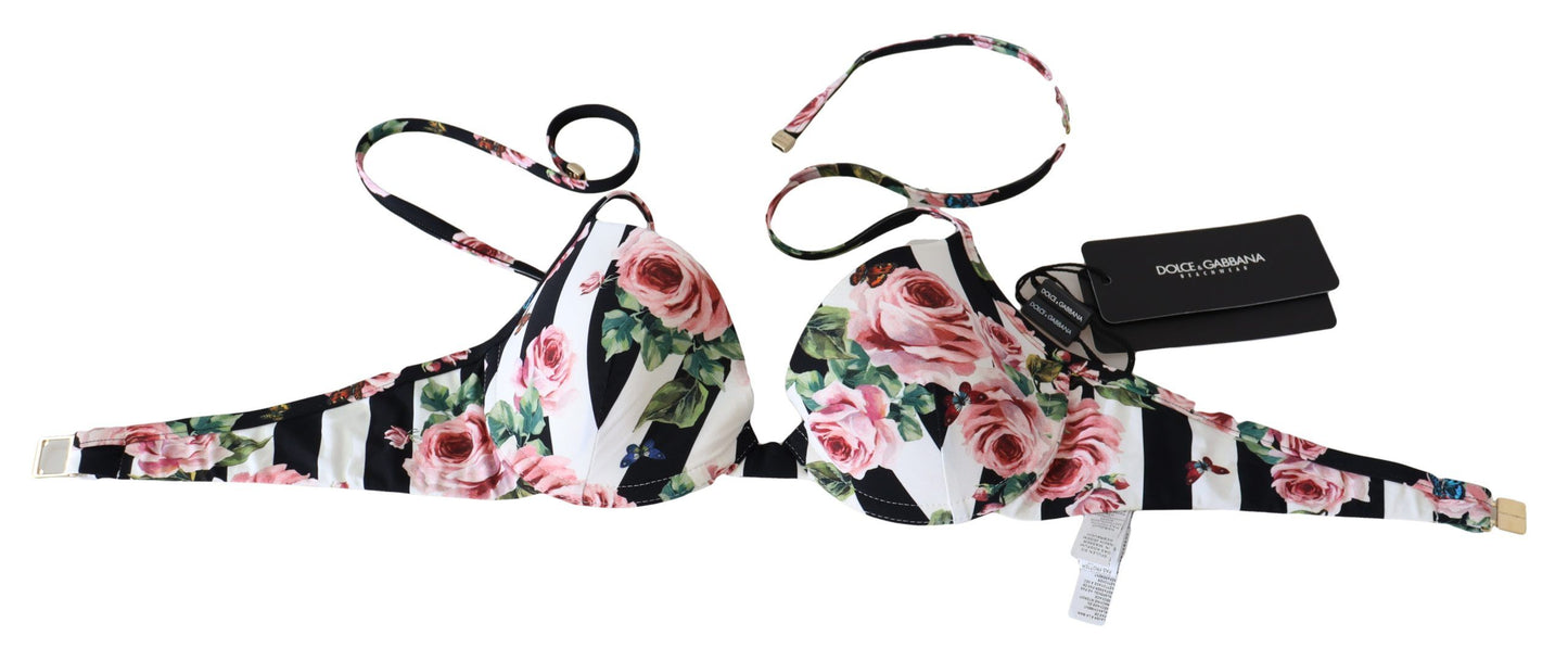 Dolce & Gabbana Multicolor Striped Rose Print Swimwear Bikini Tops