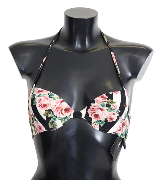 Dolce & Gabbana Multicolor Striped Rose Print Swimwear Bikini Tops