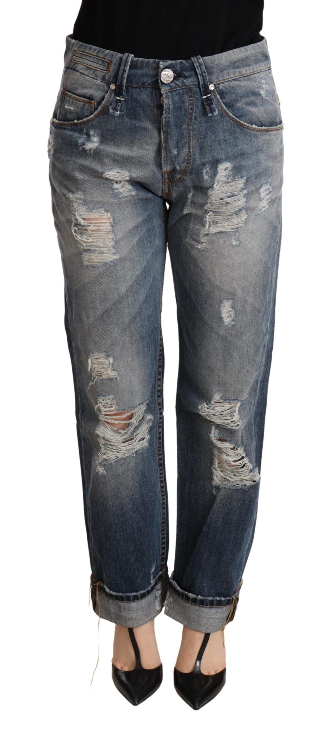 Acht Blue Tattered Mid Waist Straight Denim Trouser