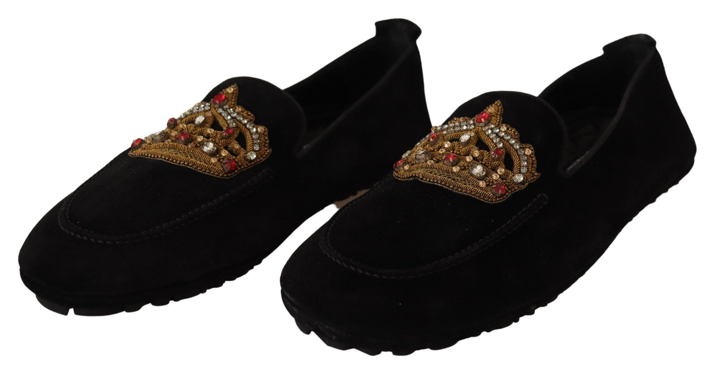 Dolce & Gabbana Black Leather Crystal Gold Crown Loafers Shoes