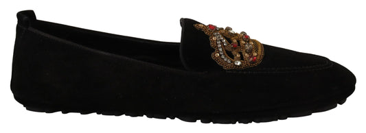 Dolce & Gabbana Black Leather Crystal Gold Crown Loafers Shoes