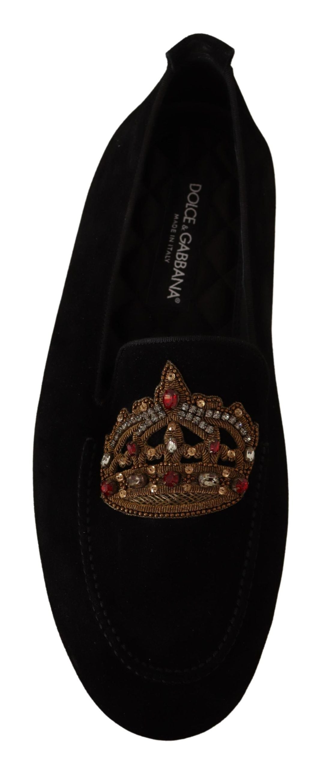 Dolce & Gabbana Black Leather Crystal Gold Crown Loafers Shoes