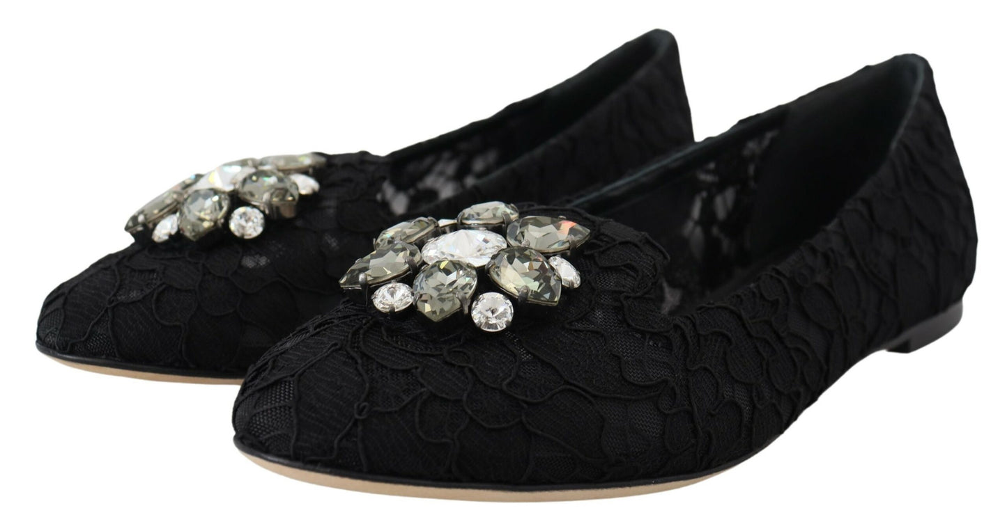 Dolce & Gabbana Black Taormina Lace Crystals Flats Shoes