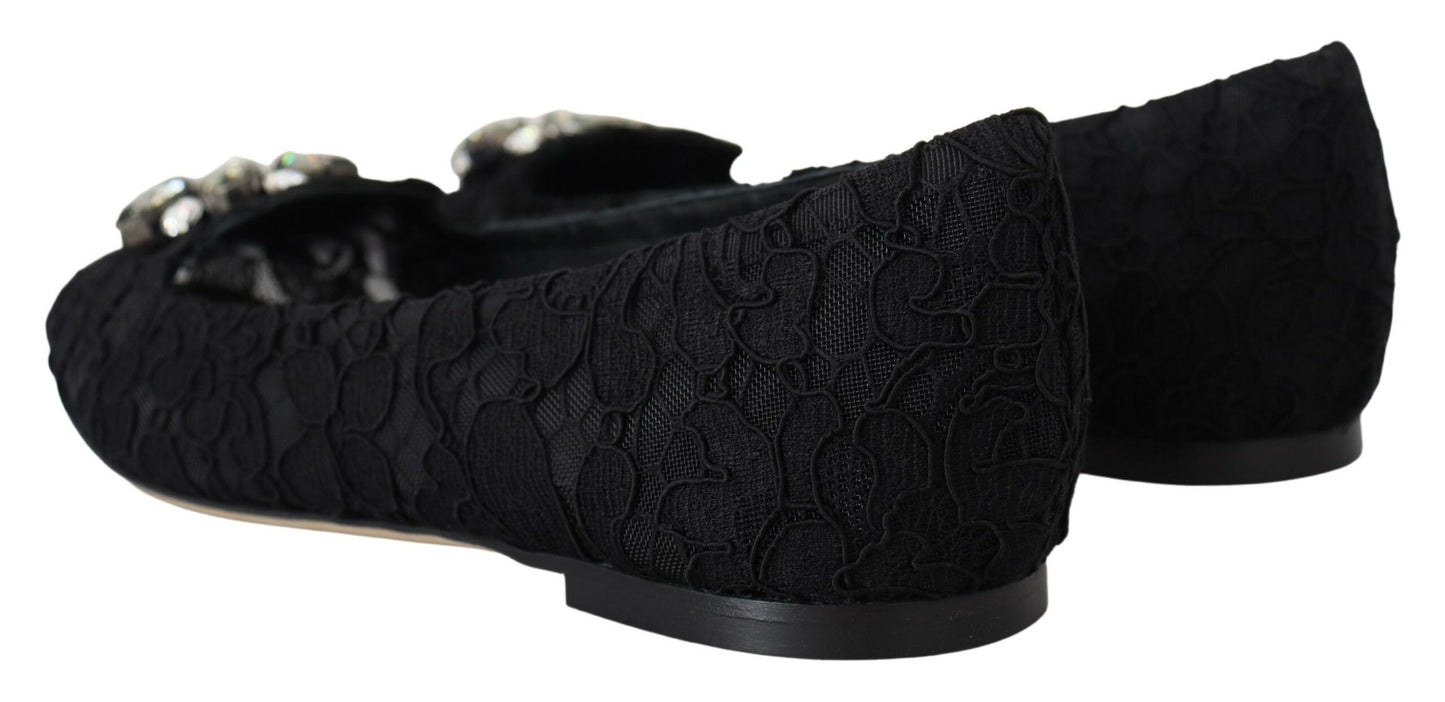 Dolce & Gabbana Black Taormina Lace Crystals Flats Shoes