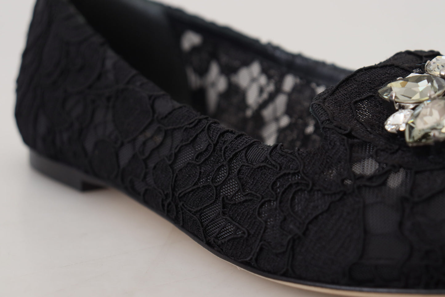 Dolce & Gabbana Black Taormina Lace Crystals Flats Shoes